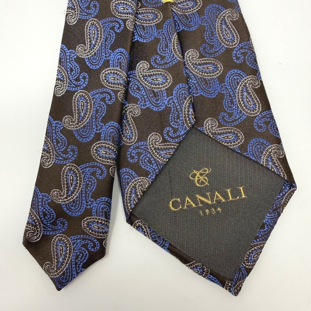 Canali Italy Mens Silk Paisley‎ Necktie Brown Blue Silver Jacquard Classic Tie